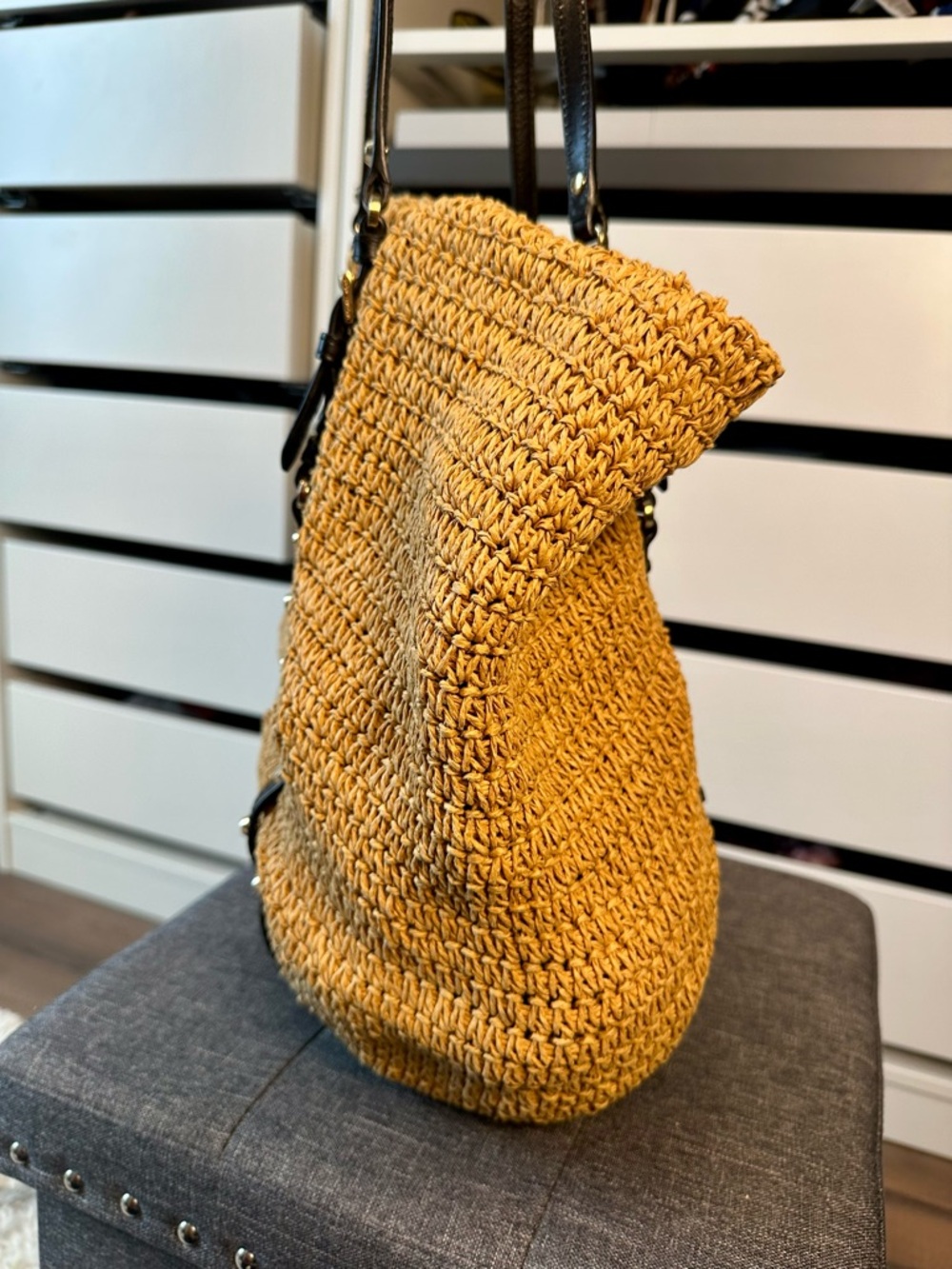 Michael Kors Mustard Yellow Woven Tote with Black Trim - Picture 6 of 14